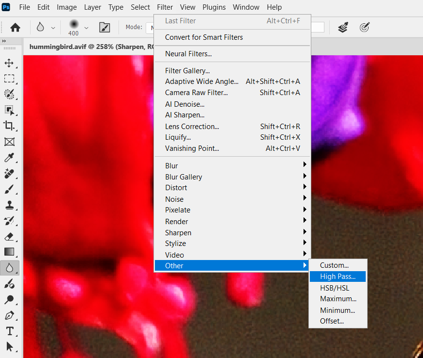 high pass filter menu location