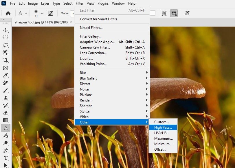 high pass filter menu location