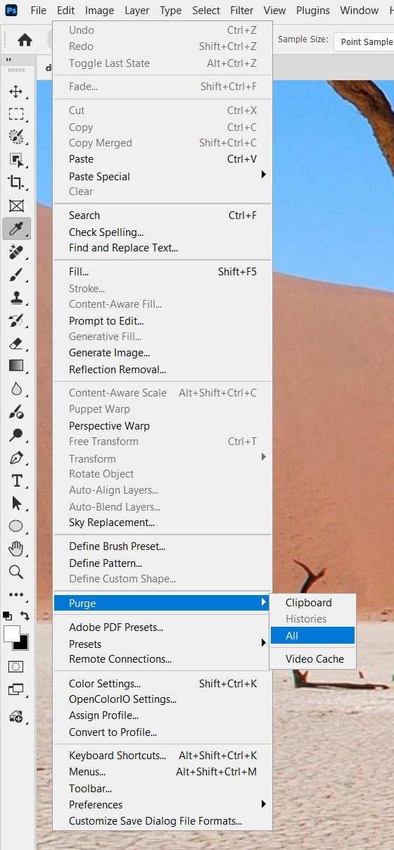 Edit > Purge > All menu location