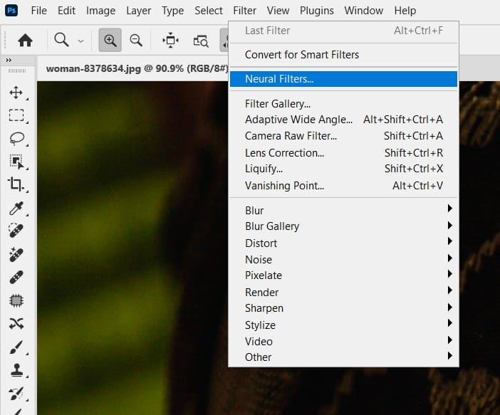 Neural Filter Menu Location in Photoshop