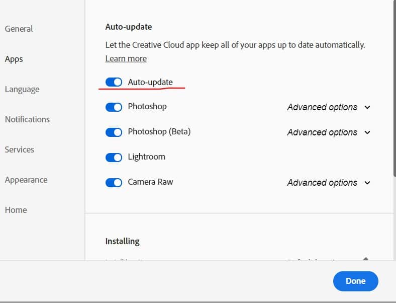 Creative Cloud settings for auto-installing Photoshop 2025 updates.