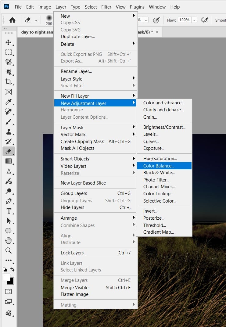 Color Balance Adjustment Layer menu location