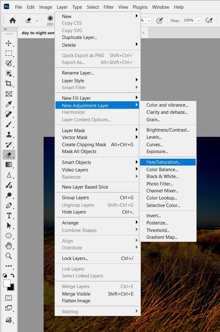 Hue/Saturation Adjustment Layer menu location